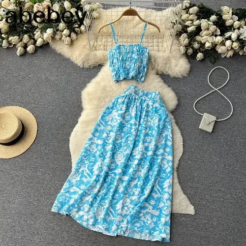 2026 Urlaubs-Blumendruck, zweiteilige Anzüge, Reißverschluss-Design, schmales Tank-Top + A-Linie, langer Rock, Vintage-Böhmische Strand-Sets
