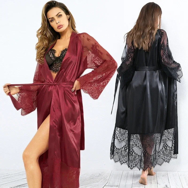 Nachtwäsche Damen Bademantel Sexy Dessous Spitze Satin Kimono Schlaf Langes Kleid Roben Pyjamas Nachthemd