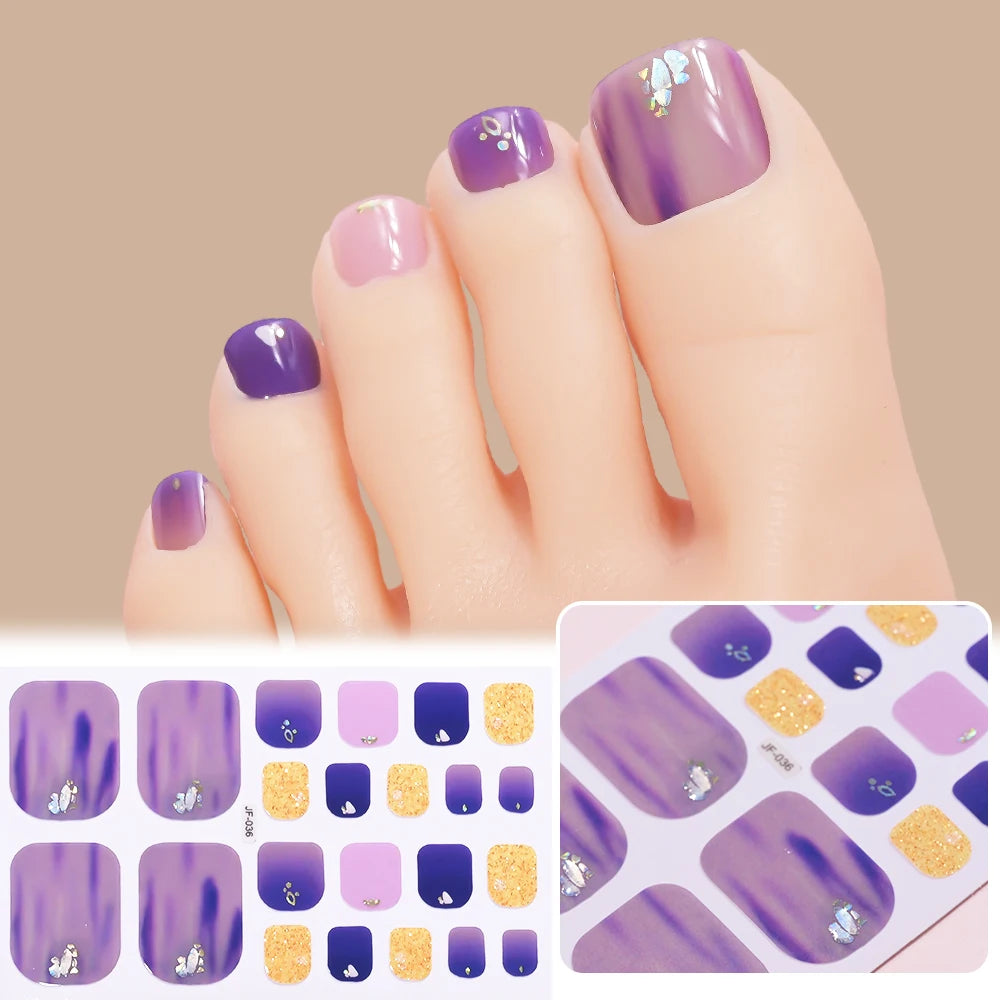 22 Tipps goldene Glitzer-Nagelaufkleber für Füße, 5 Farben, 11 Größen, vollständige Abdeckung, Fußkunst-Aufkleber, einfach zu erreichen, Zehen-Maniküre-Dekoration