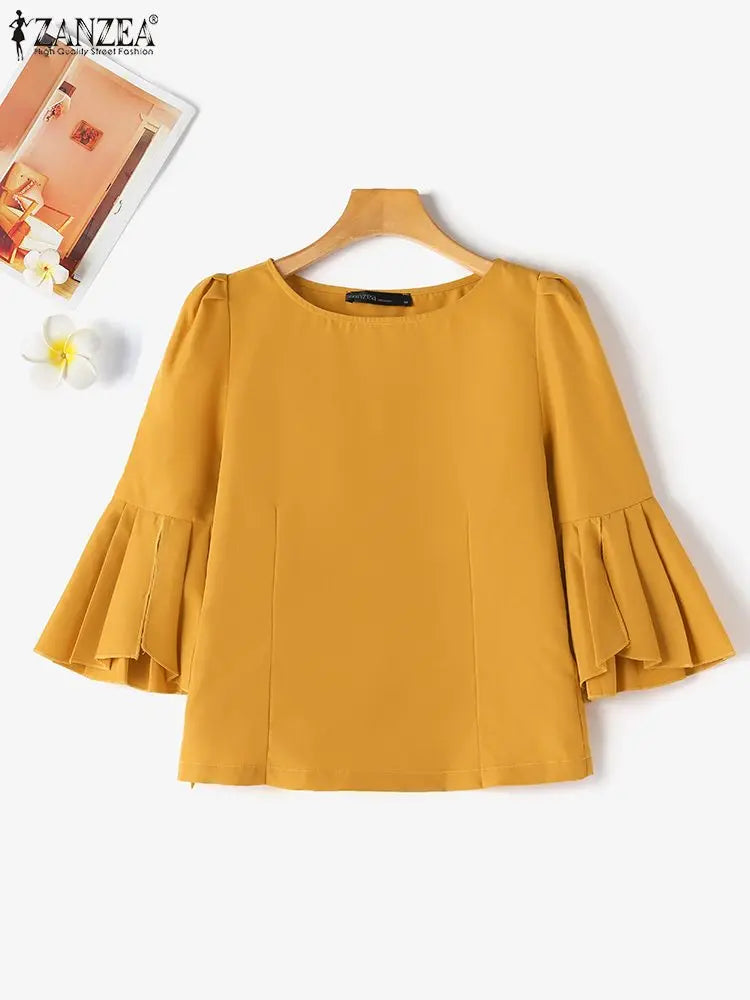 ZANZEA Frauen Elegante Party Bluse Sommer Puff 3/4 Hülse Tops Hemd 2024 Fashion Solid Boot-ausschnitt Tunika Koreanische Büro Dame blusas