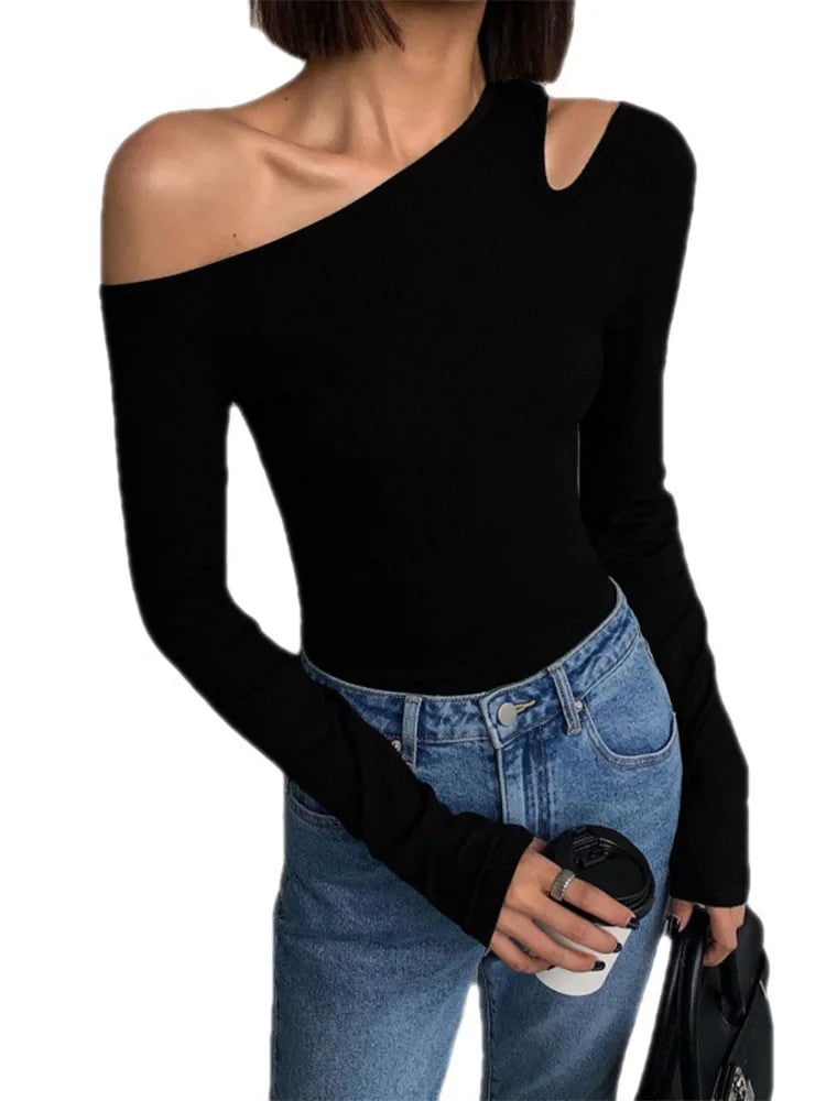 Mode Skew Kragen Off-schulter Lange-ärmeln T-shirts Frauen Frühjahr Neue Solide Slim Fit Crop Top Sexy Aushöhlen tees Shirts