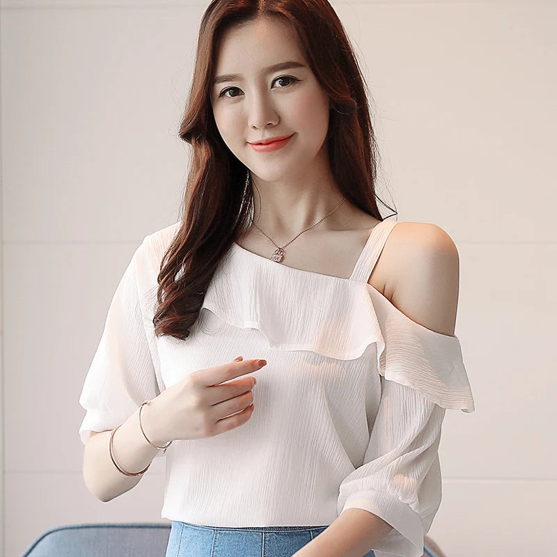 Damen-Oberteil, One-Shoulder-Bluse mit Rüschen, Kurzarm-Chiffonbluse
