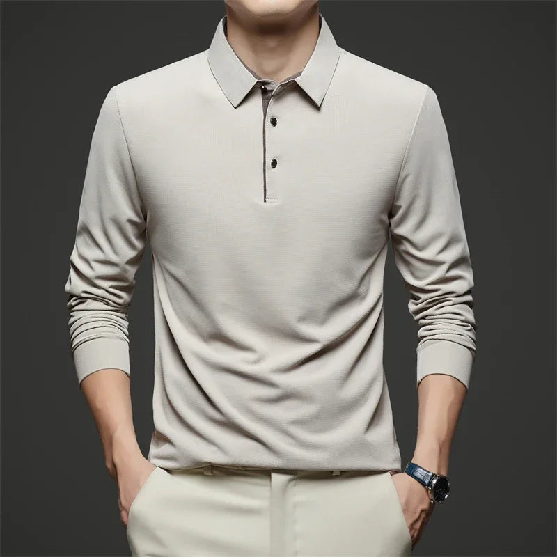 Neues Herren-Poloshirt, Business-Casual, langärmelig, einfarbig, modisch, warm, bequem, vielseitiges Oberteil für vier Jahreszeiten