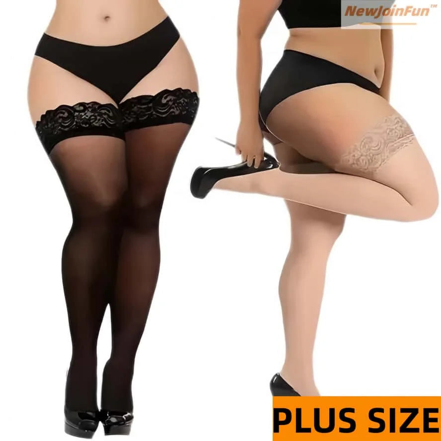 NEWJOINFUN Plus große Größe Spitze Anti-rutsch Strümpfe Frauen Sexy Oberschenkel Hohe Knie Ultra-dünne Fishnet Lange Socken schwarz Strumpf XXXL