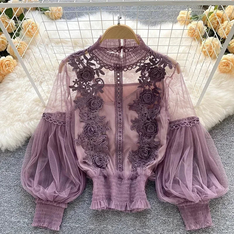 Spitze Puff Langarm Bluse Vintage-Mode Blusen Elegante Femme Blusas Koreanische Frau Tops Frauen Shirts Kleidung Dropshipping