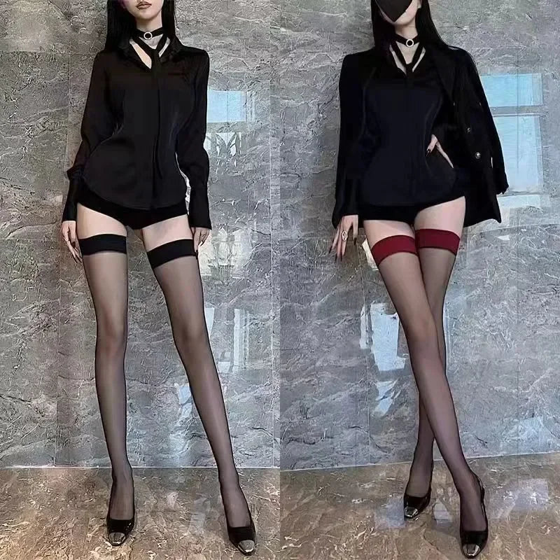 Sexy dünne Spitzenstrümpfe für Damen, einfarbig, schwarze Haut, Oberschenkelhohe lange Socken für Damen und Mädchen, JK Lolita, süßer roter Rand, Knie-Halbstrumpf