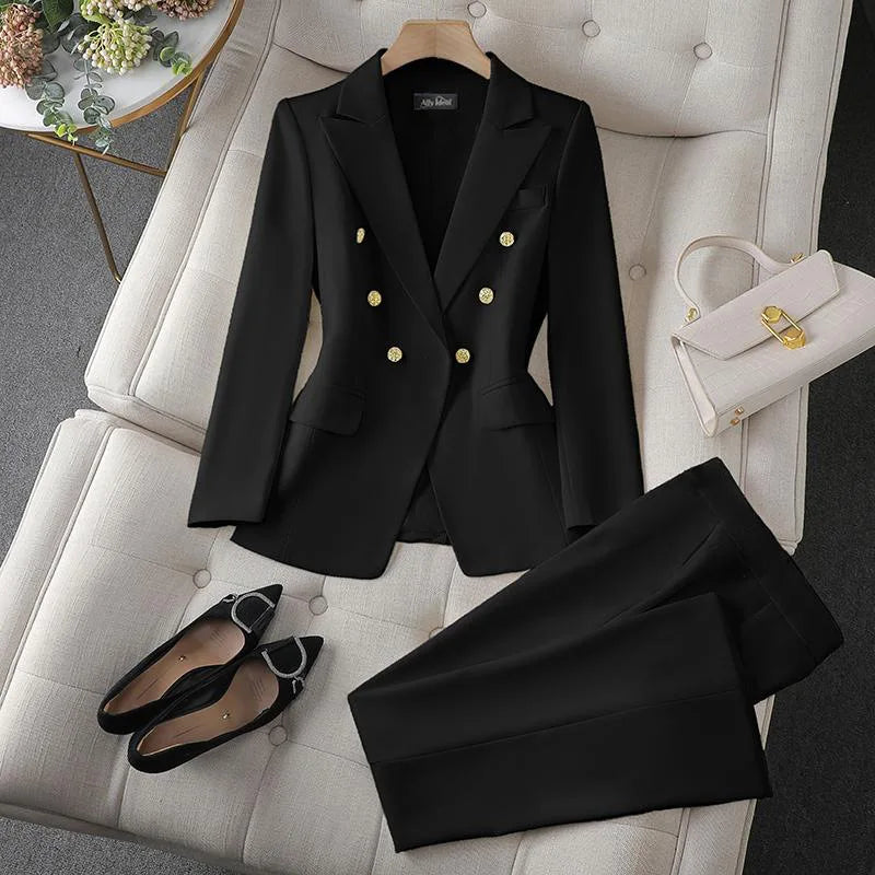 Koreanische Mode 2-Teiliges Set Umlegekragen Blazer Langarm Slim Fit Hosen Damenanzüge Büro-Damenkleidung Hosensets für Frauen