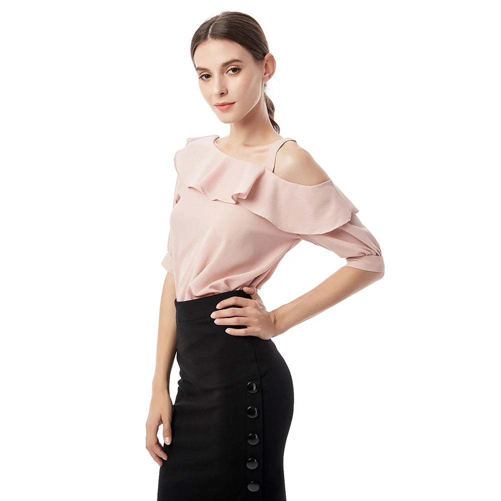 Damen-Oberteil, One-Shoulder-Bluse mit Rüschen, Kurzarm-Chiffonbluse