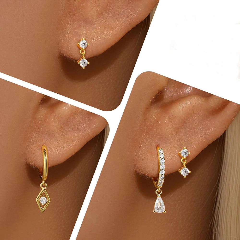 3PCS Neue Ankunft Französisch Design Edelstahl Kristall Mode Baumeln Ohrring Set Für Frauen Zirkon Anhänger Piercing Schmuck