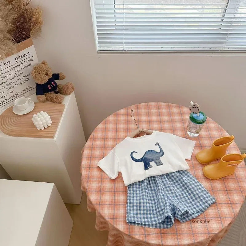 2Pcs Baby Kleidung Set Neugeborenen Jungen Casual Dinosaurier Druck Kurzarm T-shirt + karierten Shorts Kleinkind Mädchen Sommer Kinder outfit Set