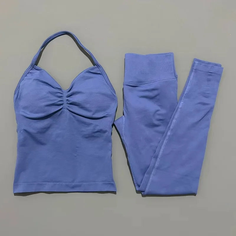 HISTELLO Gym-Leggings-Set, 2-teilig, für Damen, Yoga, lang, mit Trägern, nahtlos, Fitness-Kleidung, Laufen, Workout, Sport-Tops, Outfit