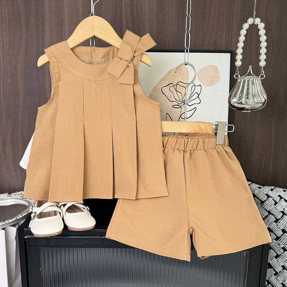 Bär Führer Süße Rosa Mädchen Kleidung Sommer Ärmellose Bogen Dekoration Plissee Weste + Shorts 2 Stück Olid Farbe Casual kinder Set