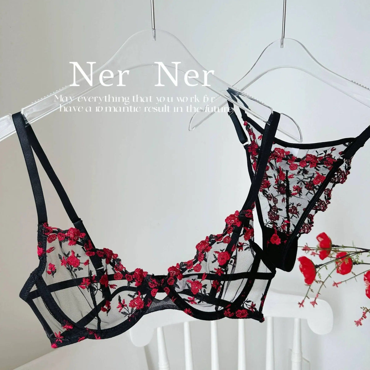 Französisches Blumen-BH-Set für Damen |   Süßes sexy transparentes Mesh-Spitze-Set, transparentes Unterwäsche-Set |   Praktisches und feminines MOYISU Sexy Höschen-Set