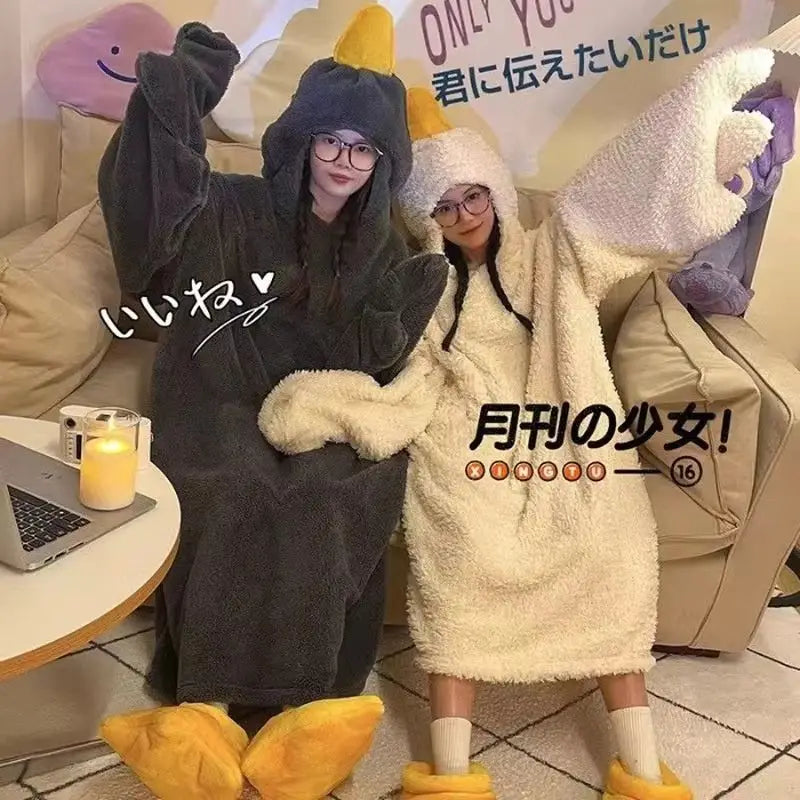 Cartoon Große Gans Robe Korallen Fleece Mit Kapuze Pyjama Lustige Ente Cosplay Paar Nachthemd Plüsch Nachtwäsche Hause Kleidung