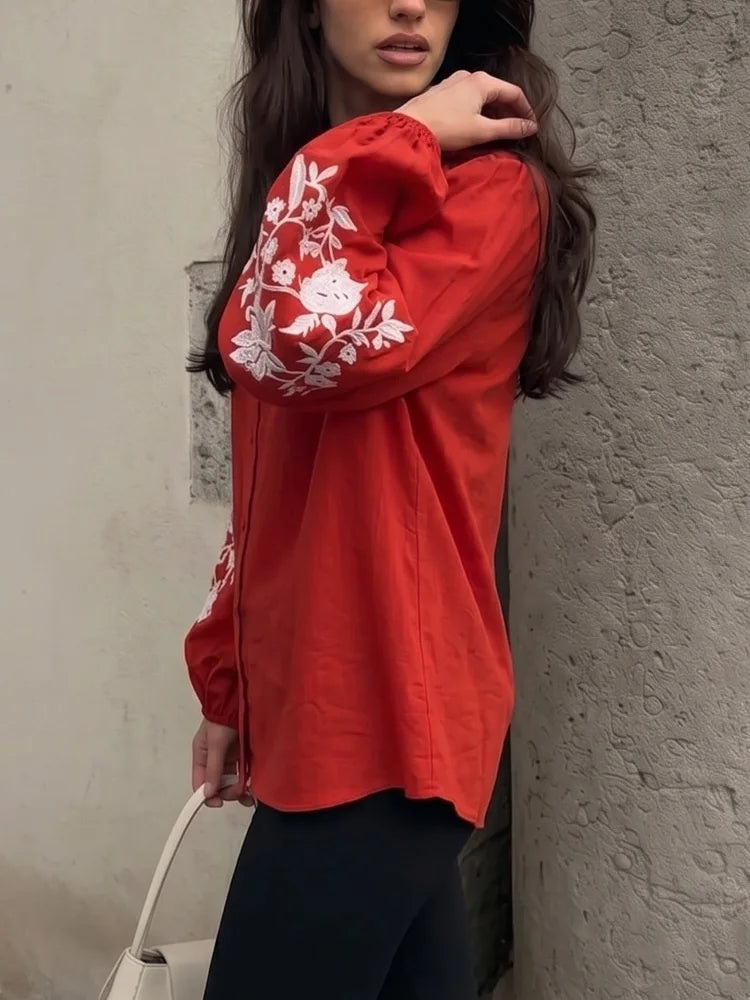 HH Damen Mode Bluse mit Blumenstickerei, Lässiger V-Ausschnitt, Langarm-Shirt, Streetwear, Rote Oberteile, Y2K-Top