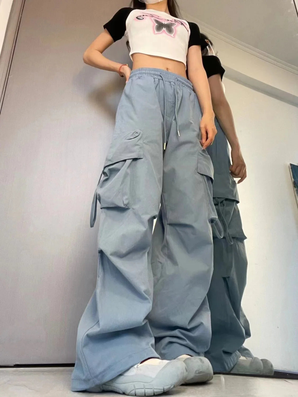 Frauen Y2K Cargo Hosen Hohe Taille Street Hip Hop Hosen Weibliche Große Taschen Casual Niedrigen Taille Kordelzug Baggy Jogginghose