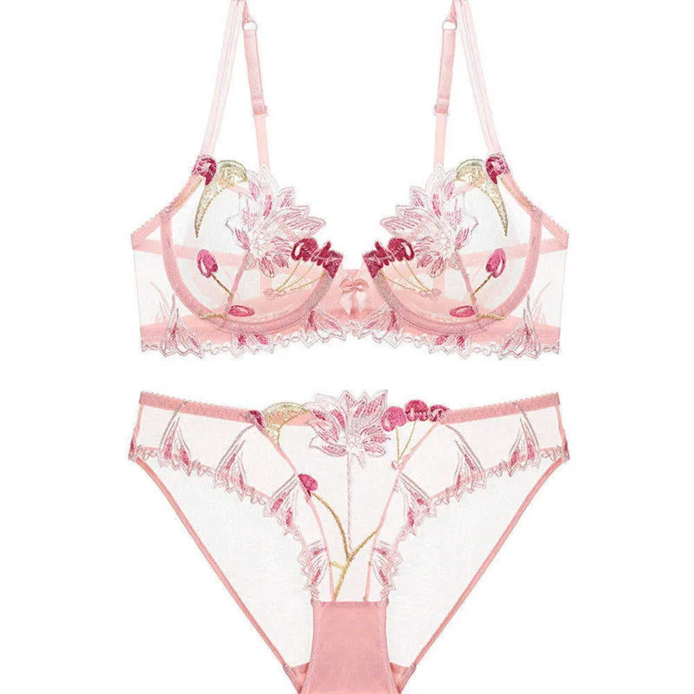 Eleganter Kirschblüten-Stickerei-Spitzen-Bügel-BH, ultradünn, Minimizer, stützend, Anti-Sagging, seitlich glättend für große Brüste, Größen 32-38, Set