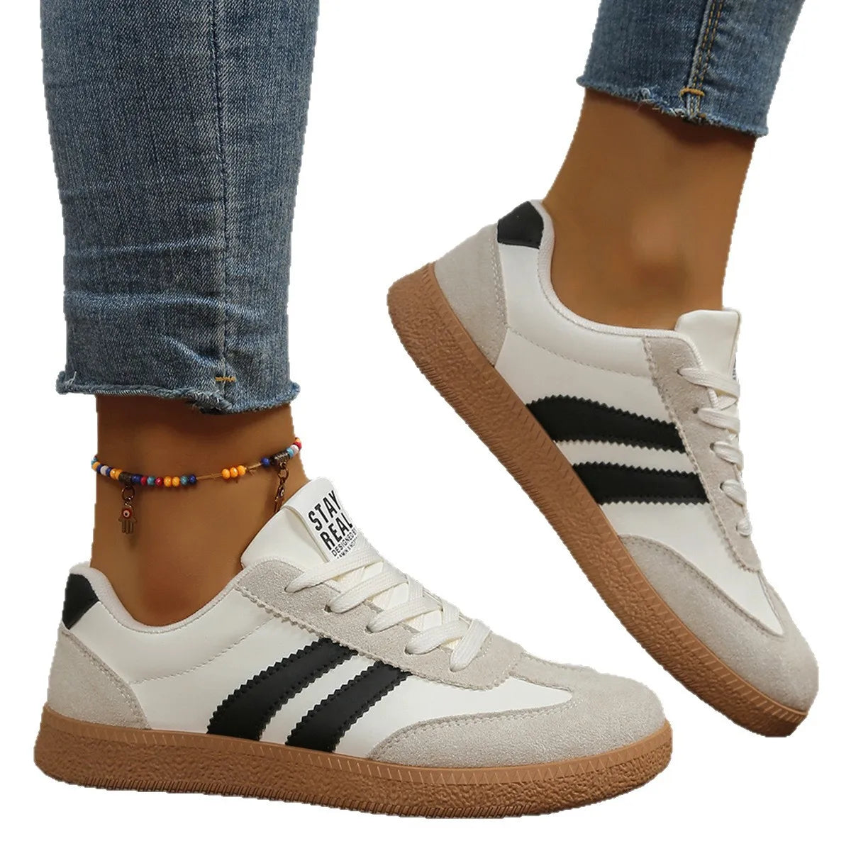 Modische sportliche weiße Turnschuhe mit runder Spitze, Farbblock, lässige Dequn-Schuhe, atmungsaktive Low-Top-Gummi-Außensohle für Damen