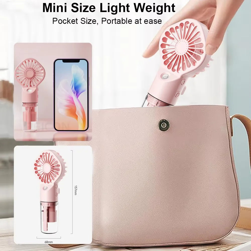 Tragbarer Handventilator - USB-aufladbarer Mini-Luftbefeuchter-Ventilator, geeignet für Reisen und den Außeneinsatz als Handventilator.