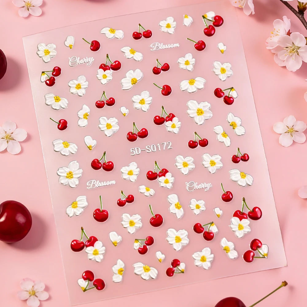 1 Stück 5D Kirschblüten-Nagelaufkleber, Niedliche 3D Rote Kirsche Weiße Blume Selbstklebende Nagelkunst-Sticker, Sommer DIY Maniküre-Dekoration