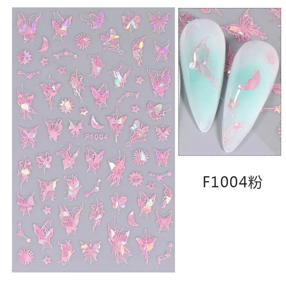 1PCS Schwarz Weiß Schmetterling Laser Nagel Aufkleber Y2K Nail art Dekoration Abstrakte Linien Bronzing Blumen Aufkleber Für Nägel