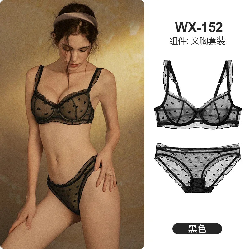 YUQI Französisches Dienstmädchen-Dessous-Set, sexy Spitzenunterwäsche, herzförmiger Push-up-BH mit Stahlringen, Anti-Durchhang-Büstenunterstützung für Damen