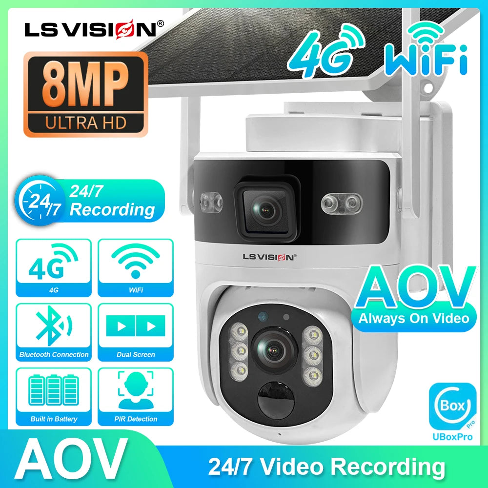 LS VISION Outdoor-Überwachungskamera, WLAN-Überwachungskameras, 4G, 24/7 Aufnahme, AOV + PIR, Menschenerkennung, automatische Verfolgung, UBOX Pro