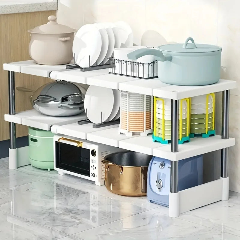 Verstellbares Aufbewahrungsregal unter der Spüle, erweiterbarer Küchen- und Badezimmerschrank-Organizer, langlebiger, platzsparender, mehrschichtiger Topflappen