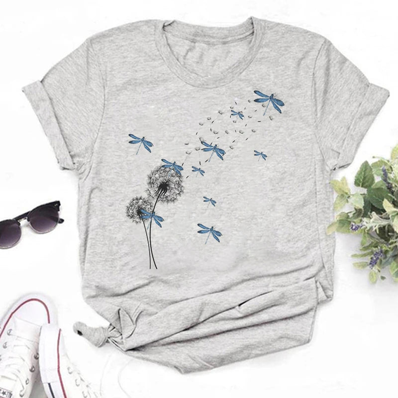 Neue Löwenzahn gedruckt Frauen T-Shirt Cartoon Grafik gedruckt schwarz Damen T-Shirt lässig Frau Shirt lustige T-Shirts