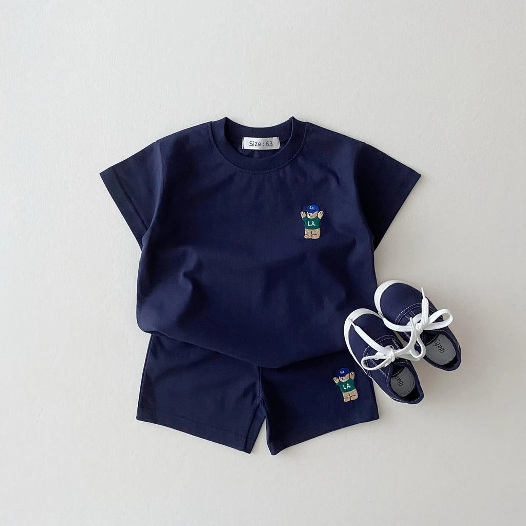 Koreanische Baby Boy Sommer Kleidung Set Gestickte Bär Bunte T-shirts T shirts + Lose Shorts Anzug 2PCS Pack Baby mädchen Kleidung Sets