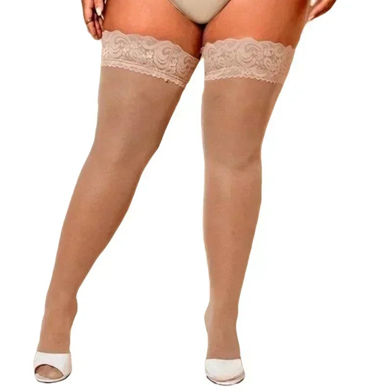 NEWJOINFUN Plus große Größe Spitze Anti-rutsch Strümpfe Frauen Sexy Oberschenkel Hohe Knie Ultra-dünne Fishnet Lange Socken schwarz Strumpf XXXL
