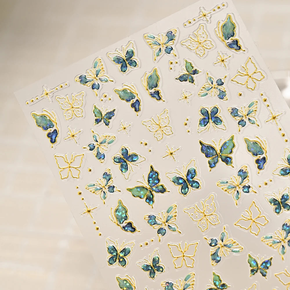 1 Stück 5D Relief Jelly Green Butterfly Nagelaufkleber Bronzing Gold Schmetterlinge Nagelaufkleber Selbstklebend 8*10cm Nail Art Dekoration