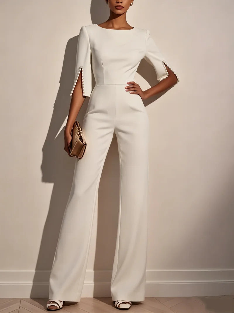 Eleganter Damen-Jumpsuit mit Rundhalsausschnitt, Perlenbesatz, Geschlitzten Ärmeln, Hoher Taille und Weitem Bein für Partys und Abendveranstaltungen