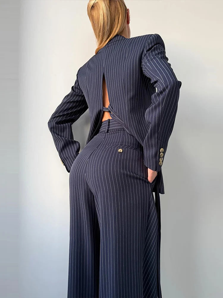 2026 Büro-Anzug mit Streifenmuster, Gürtel, Revers, Langarm-Einreiher-Mantel und Taschen, Weite Hose für Frühling und Herbst, Damen-Pendler-Outfit