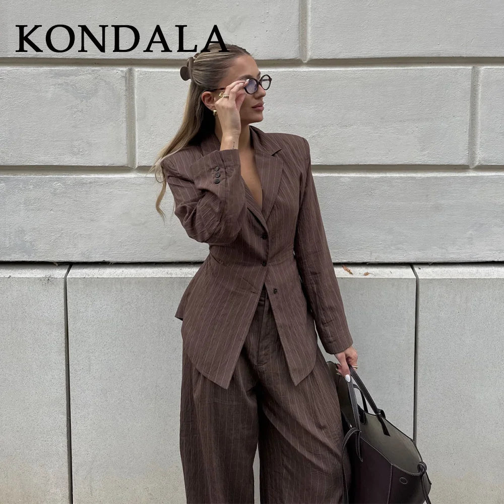 KONDALA 2026 Frühling Gestreifte Bürodamen-Anzüge Modische Elegante Braune Gürtel Lose Einreihige Blazer Schicke Weite Hosen