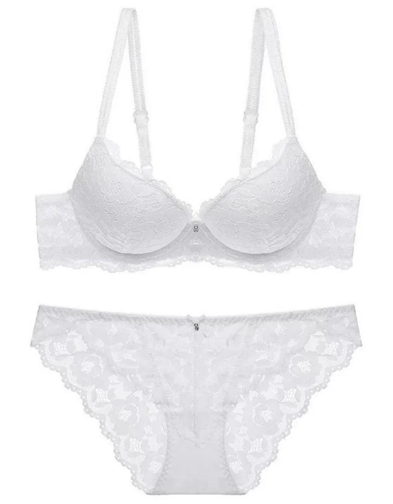 Sexy Spitzen-Blumen-Damenunterwäsche-Set mit Doppelträgern, Push-Up BH und Transparenten Sexy Slips