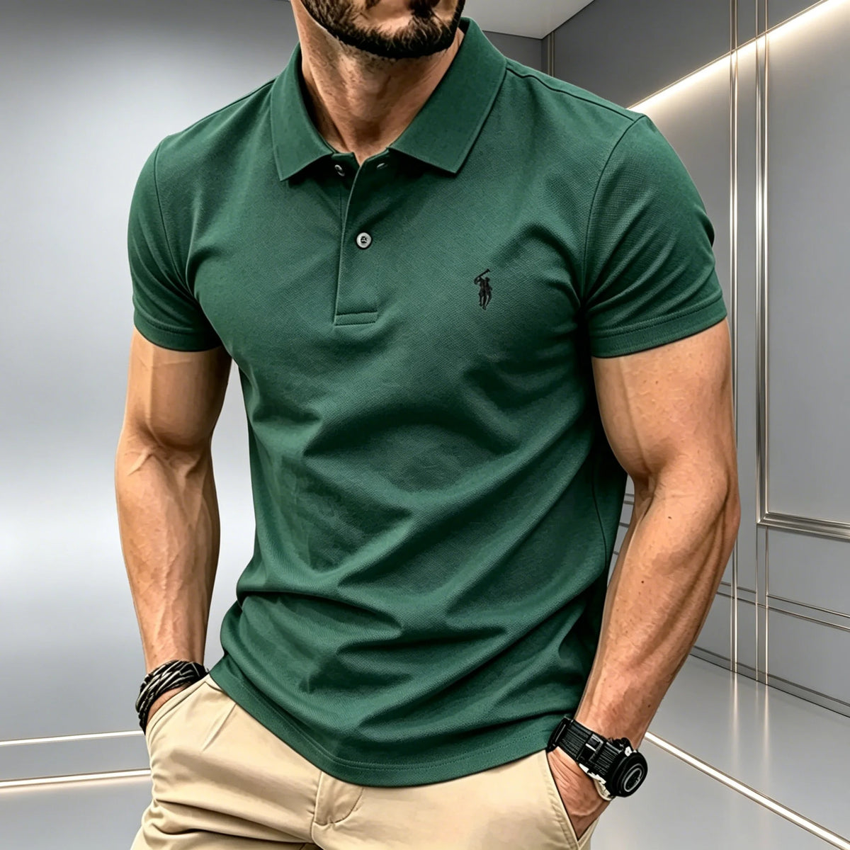 Herren Einfarbiges Poloshirt Regular Fit Business Casual Kurzarm-Oberteil mit Kleiner Pferde-Stickerei auf der Brust