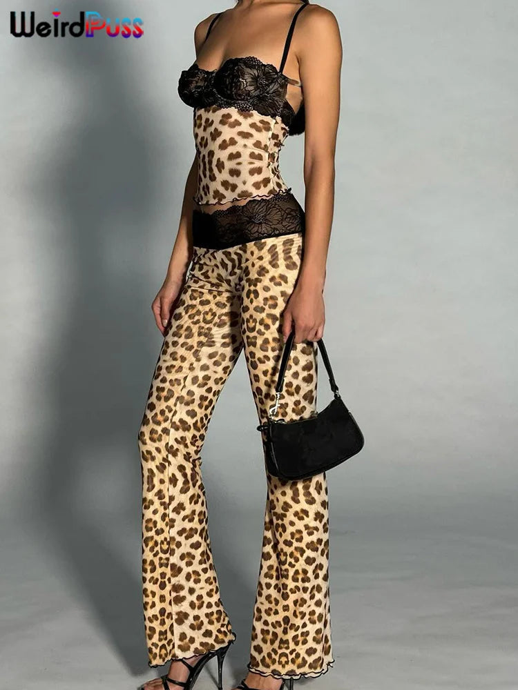 Seltsame Puss Mesh Patchwork 2-teiliges Set Frauen Sexy Dekolleté Ärmel Crop Tops + Leopardenmuster Dünne Hosen Straße wilde Trend Anzug