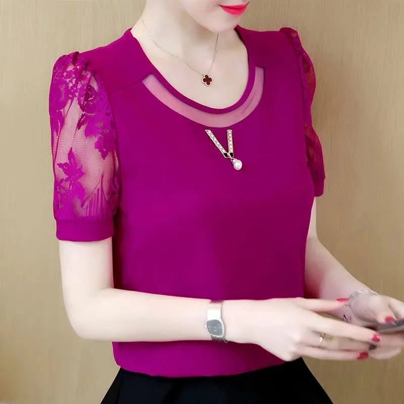 Damen Frühling Sommer Stil Chiffon Blusen Hemden Lady Casual Spitze Kurzarm O-Ausschnitt Blusas Tops