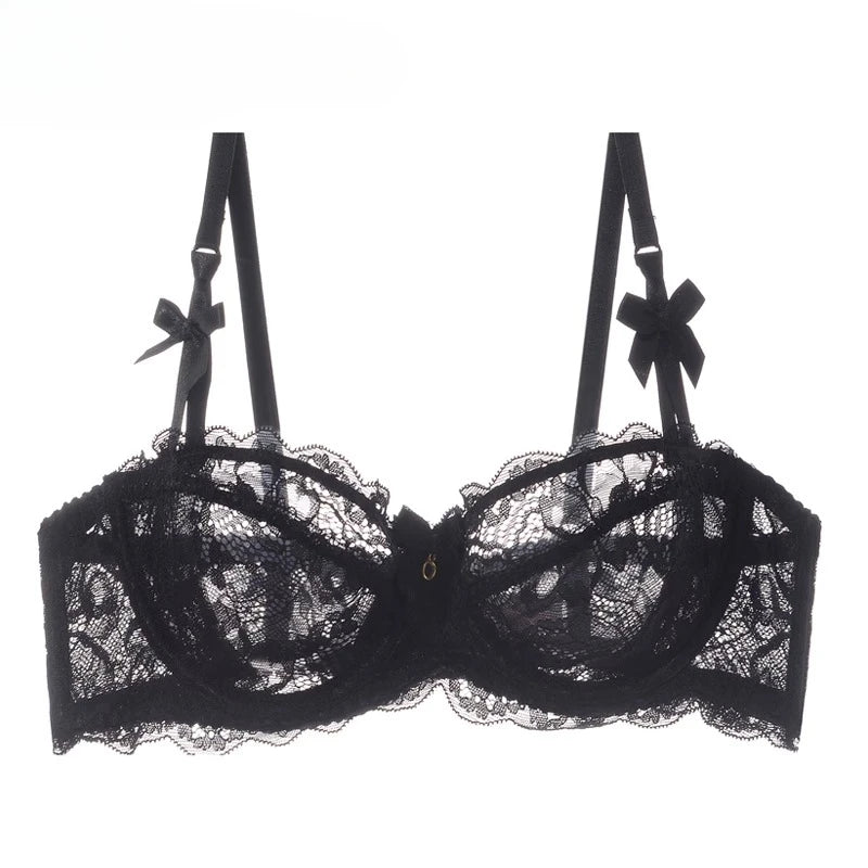 MOYISU Sommer-Dessous-Set, transparente französische Spitze, Minimiser-BH, Slip, ultradünn, sexy Damenunterwäsche, große Brust, sexy, zerknitter und Höschen