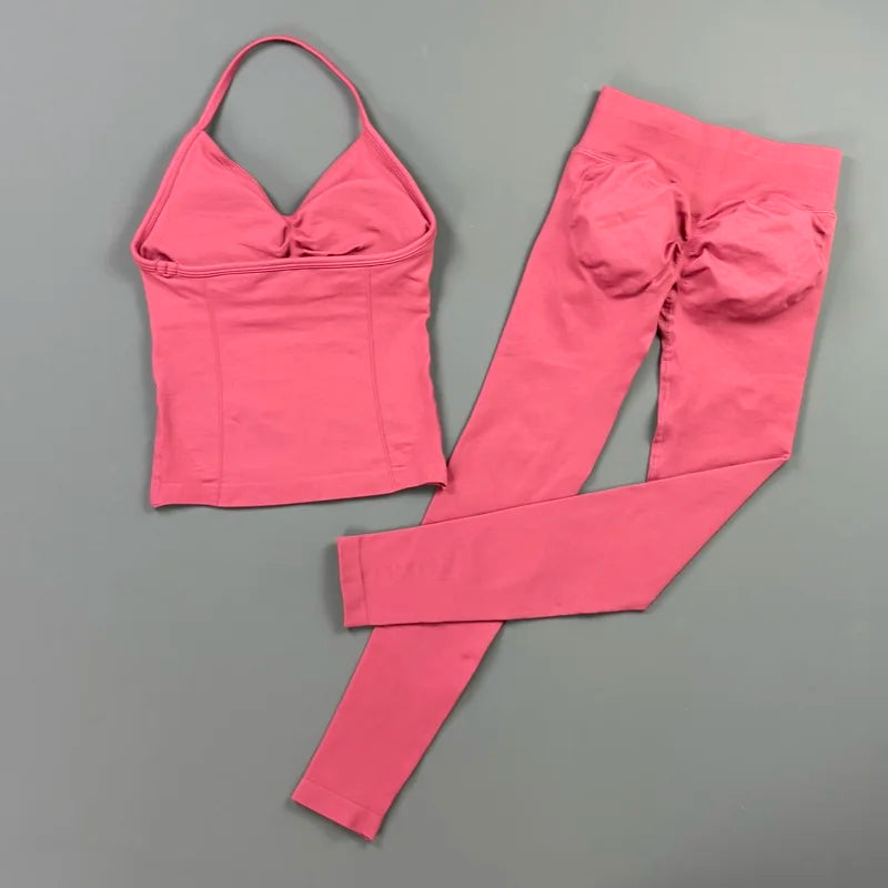 HISTELLO Gym-Leggings-Set, 2-teilig, für Damen, Yoga, lang, mit Trägern, nahtlos, Fitness-Kleidung, Laufen, Workout, Sport-Tops, Outfit