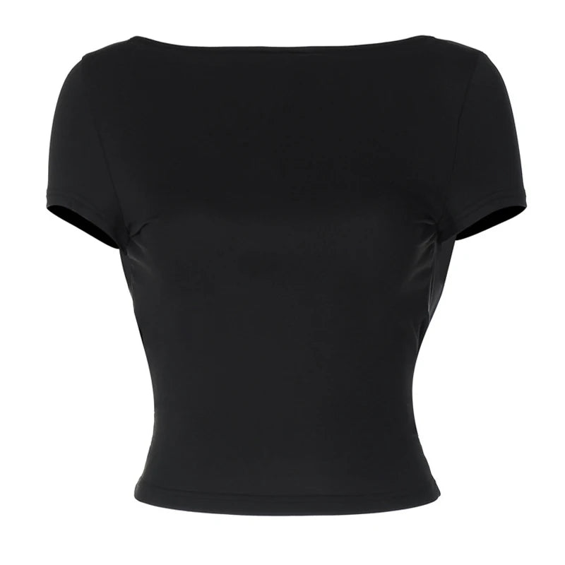 Frauen O Hals Kurzarm Backless Geraffte Crop Top Y2K Streetwear Sommer Frühling Casual T-Shirt Dropshipping