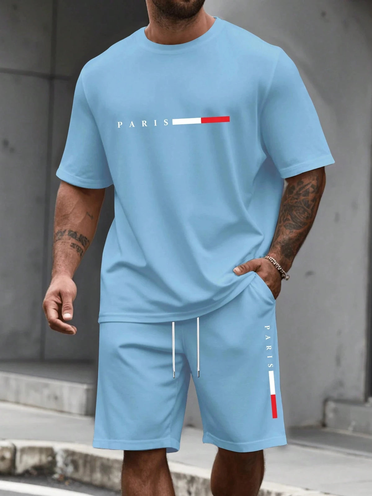 Paris-Buchstaben-Print Herren Frühling und Sommer Zweiteiler Set Lässiger Rundhals Kurzarm T-Shirt Shorts Sportanzug Bedruckte Kleidung