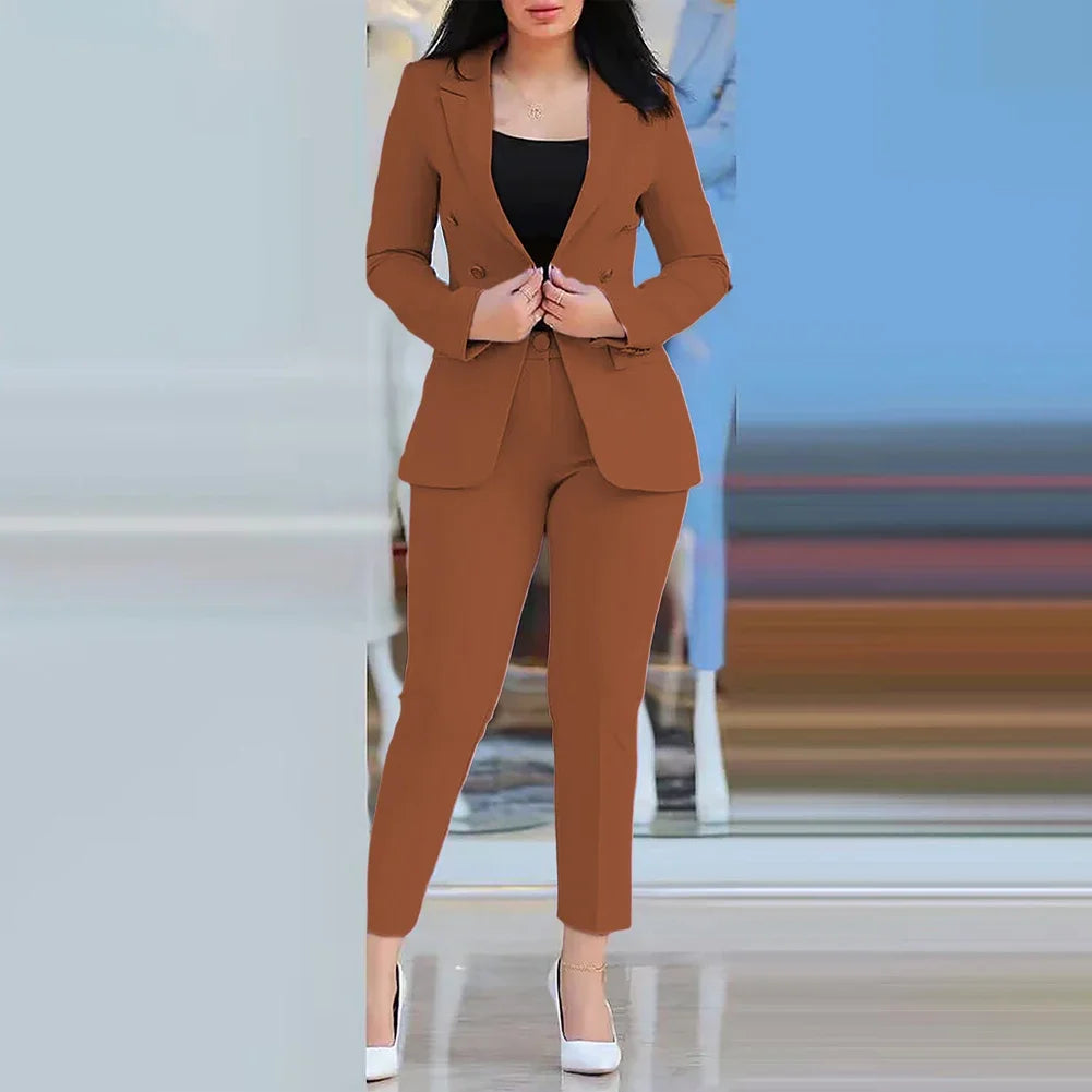 2-teiliges Set für Damen, Freizeitanzug, neuer Zustand, Polyesterstoff, normale Länge, einfarbig, modischer Business-Look