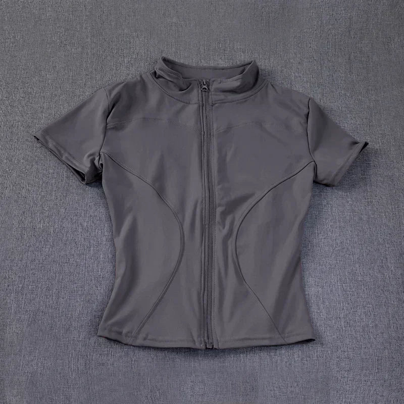Sommer Hohe Qualität Taille Abnehmen Training Tops frauen Schnell trocknend Engen Stehkragen Voll Zipper Kurzen Ärmeln Yoga shirts