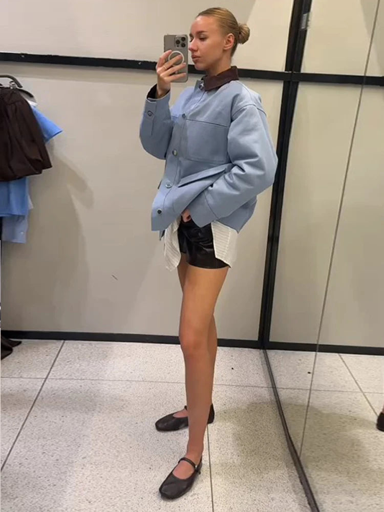 Lässige Blaue Jacke mit Mehreren Aufgesetzten Taschen für Damen, Cordkragen, Einreihiger Mantel, Schicker Street-Style, Frühlingsjacke