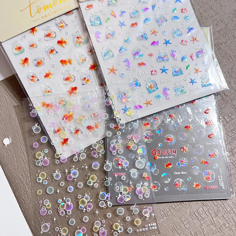 Bunte Blasen Laser Shattered Glass Effect Nail Art Aufkleber Regenbogen Bagful Goldfish 5D Aufkleber Selbstklebende Maniküre Sliders