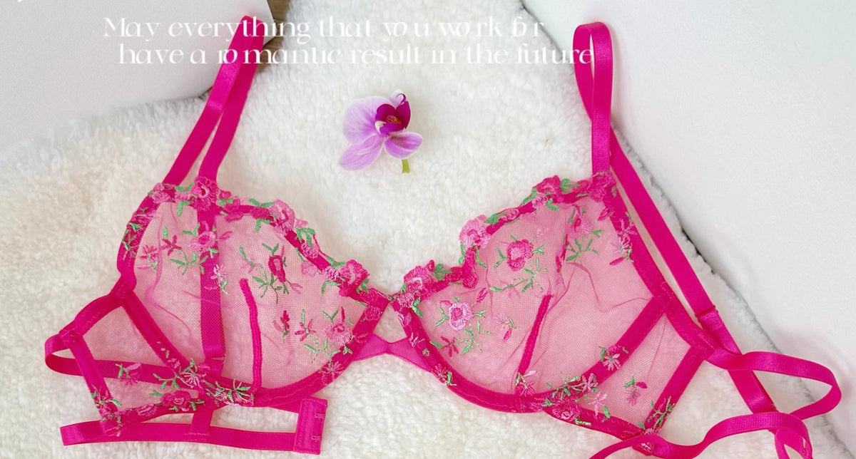 Kawaii japanisches Dessous-Set aus transparentem Tüll, rosa Blumenstickerei-BH, Bralette, reines passendes Set, BANERDANNI Tushy-BHs