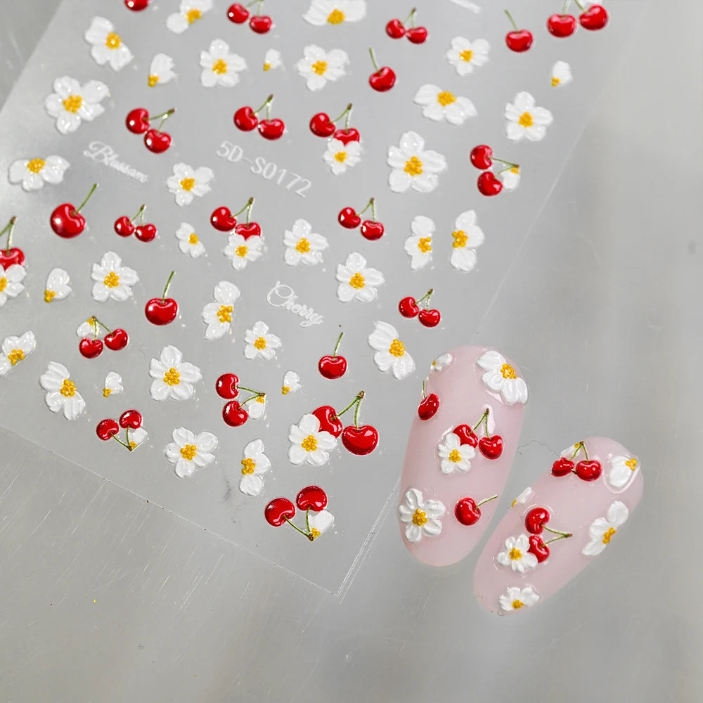 5D Frische Kirschblüten Nagelaufkleber Geprägte Frühlings-Blumen- und Fruchtdesigns DIY Süße Maniküre-Dekorationen