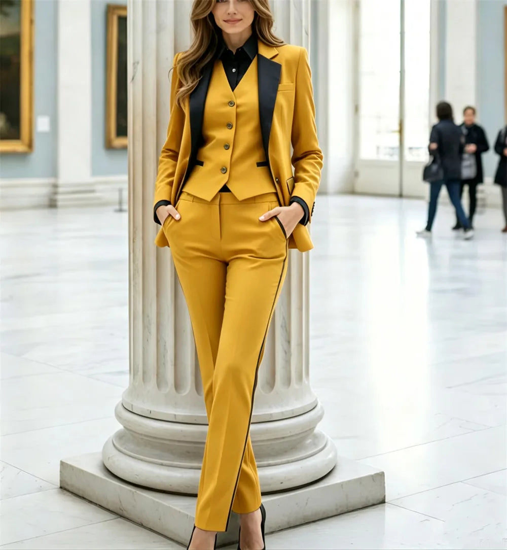 Beige Damenanzüge, 3-teiliger Damenanzug, Bürokleidung, Traje Mujer, eleganter Hosenanzug im Smoking-Stil, Business-Anzug